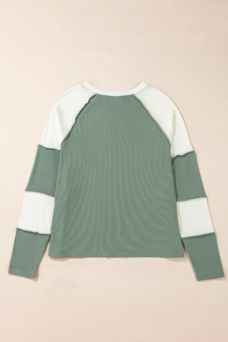 Mint Green Ribbed Colorblock Patchwork Raglan Long Sleeve Top - Love Salve 