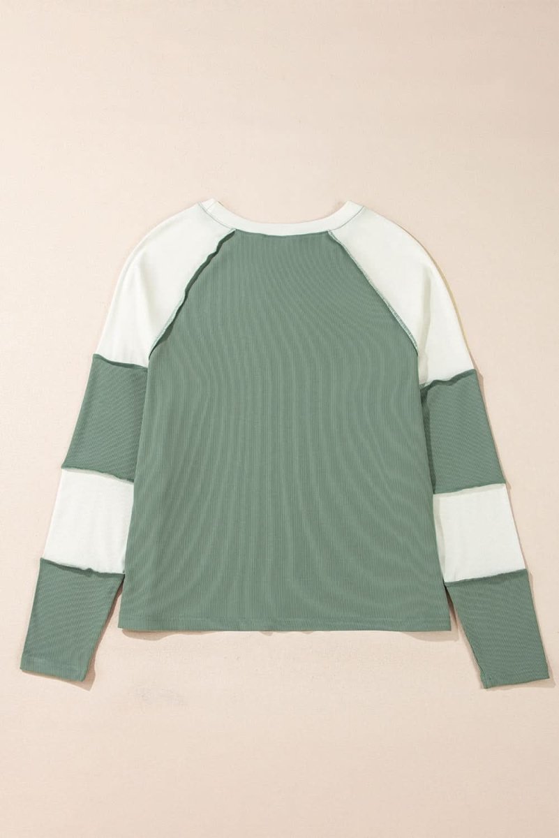 Mint Green Ribbed Colorblock Patchwork Raglan Long Sleeve Top - Love Salve