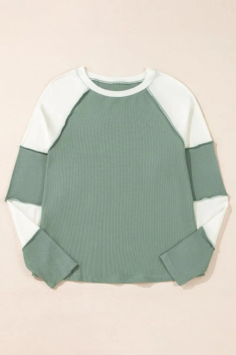 Mint Green Ribbed Colorblock Patchwork Raglan Long Sleeve Top - Love Salve 
