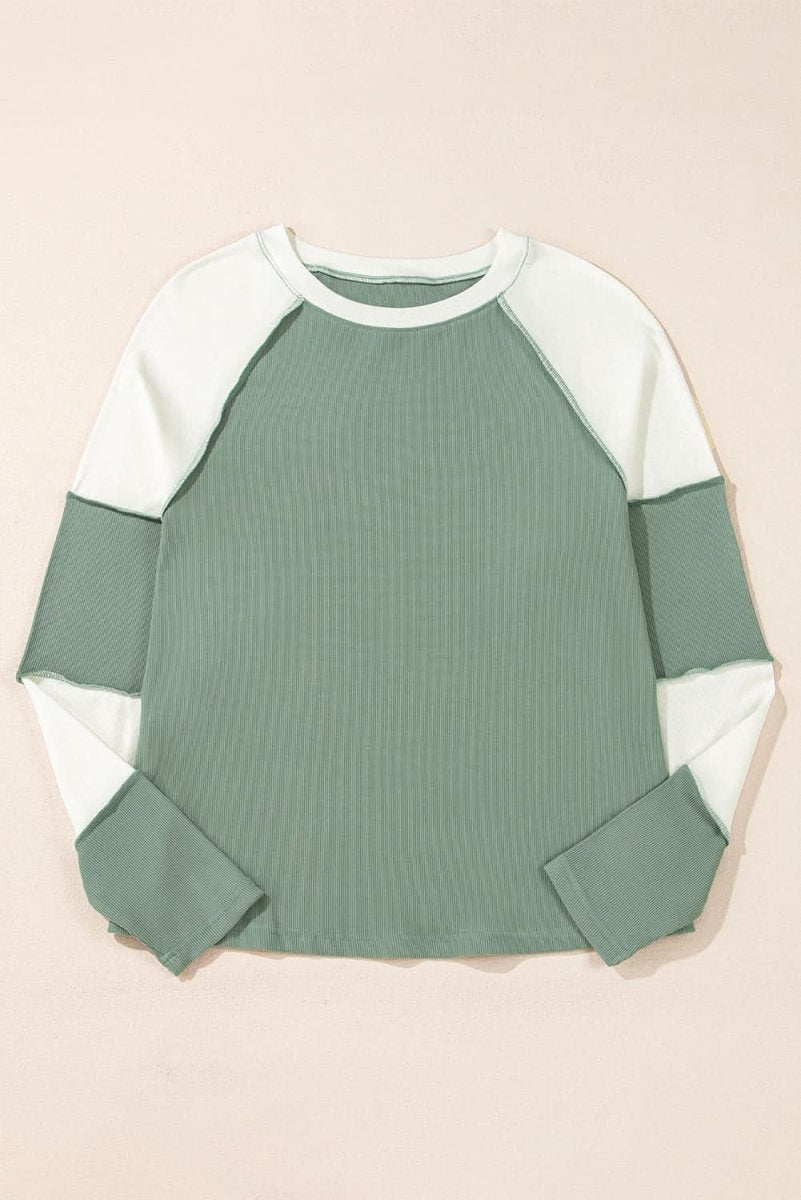 Mint Green Ribbed Colorblock Patchwork Raglan Long Sleeve Top - Love Salve