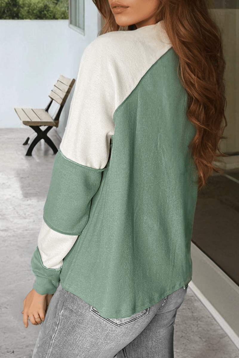 Mint Green Ribbed Colorblock Patchwork Raglan Long Sleeve Top - Love Salve