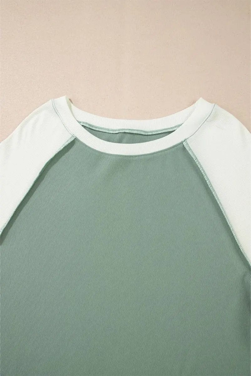 Mint Green Ribbed Colorblock Patchwork Raglan Long Sleeve Top - Love Salve 