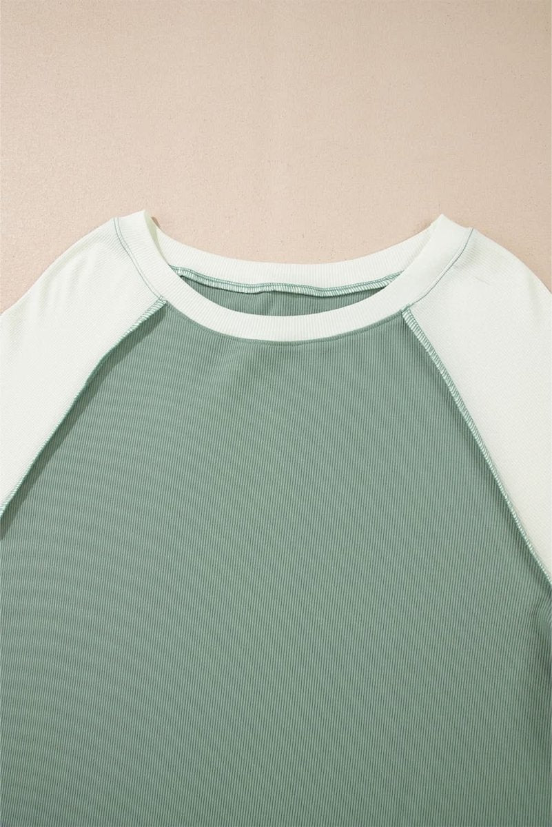 Mint Green Ribbed Colorblock Patchwork Raglan Long Sleeve Top - Love Salve