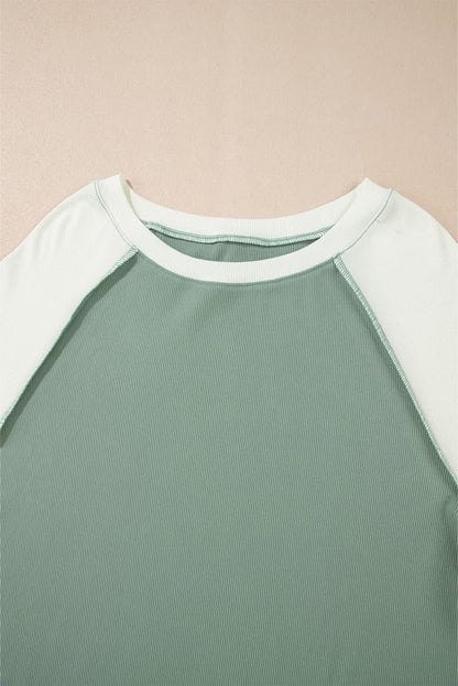 Mint Green Ribbed Colorblock Patchwork Raglan Long Sleeve Top - Love Salve
