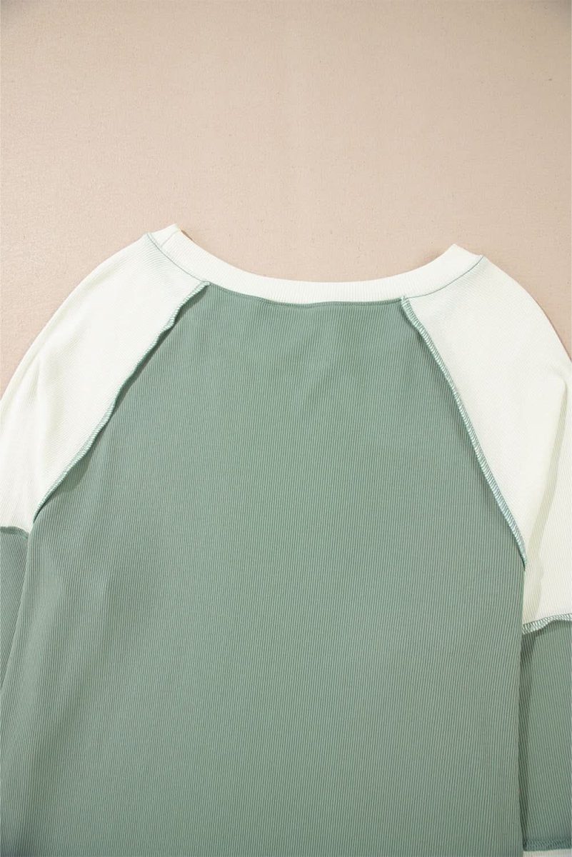 Mint Green Ribbed Colorblock Patchwork Raglan Long Sleeve Top - Love Salve