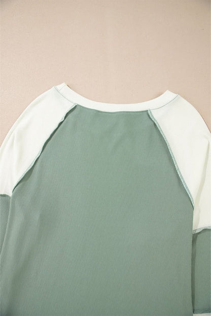 Mint Green Ribbed Colorblock Patchwork Raglan Long Sleeve Top - Love Salve