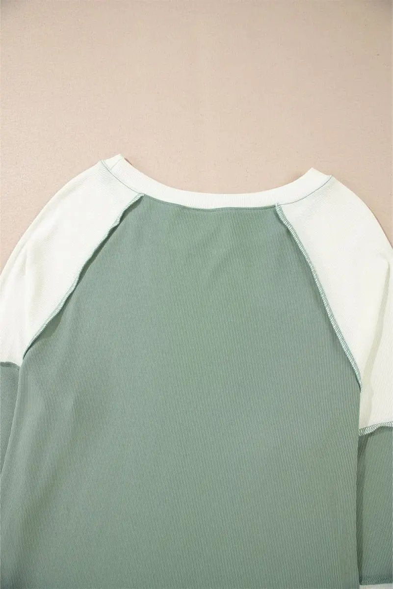 Mint Green Ribbed Colorblock Patchwork Raglan Long Sleeve Top - Love Salve 