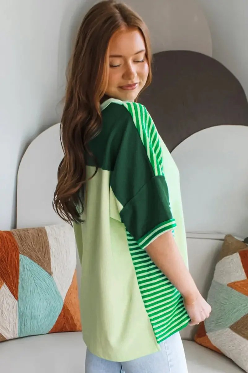 Mint Green Striped Patchwork Textured Colorblock Knit Top - Love Salve 