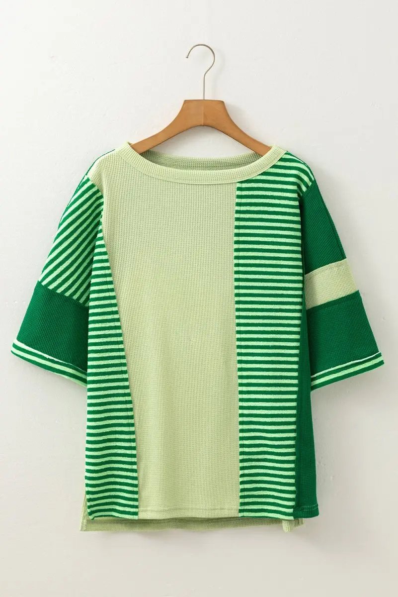 Mint Green Striped Patchwork Textured Colorblock Knit Top - Love Salve 