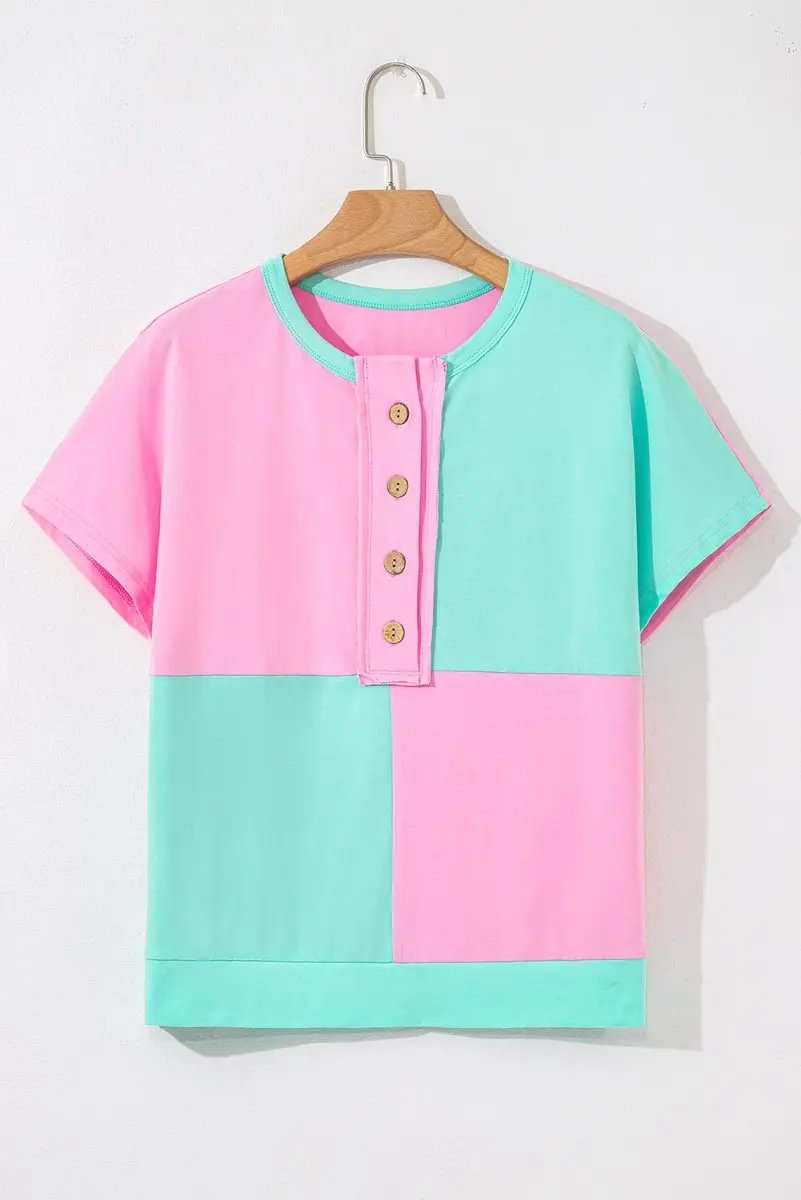 Mint Green Two Tone Half Buttons Collared T Shirt for Women - Love Salve 