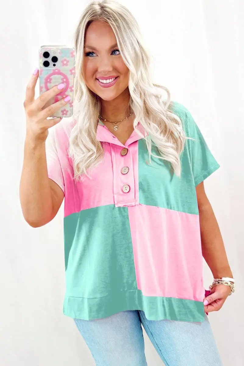 Mint Green Two Tone Half Buttons Collared T Shirt for Women - Love Salve 