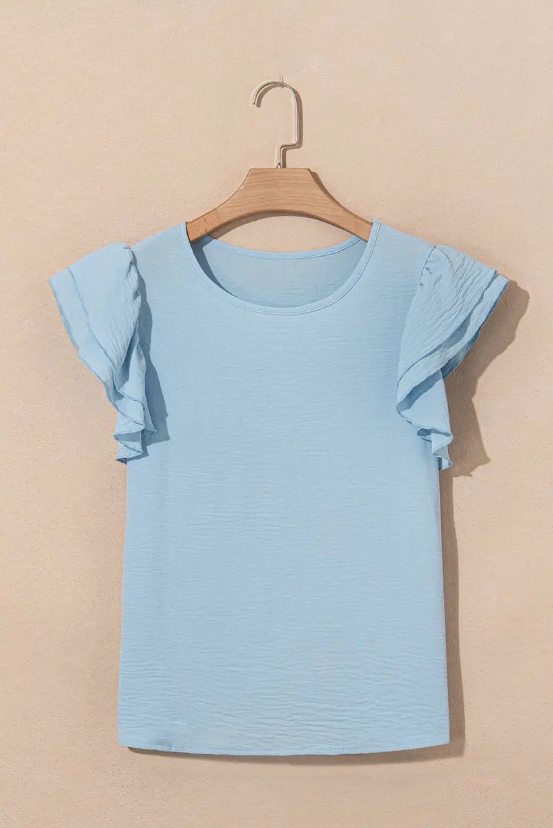 Mist Blue Solid Color Ruffled Short Sleeve Casual Blouse - Love Salve 