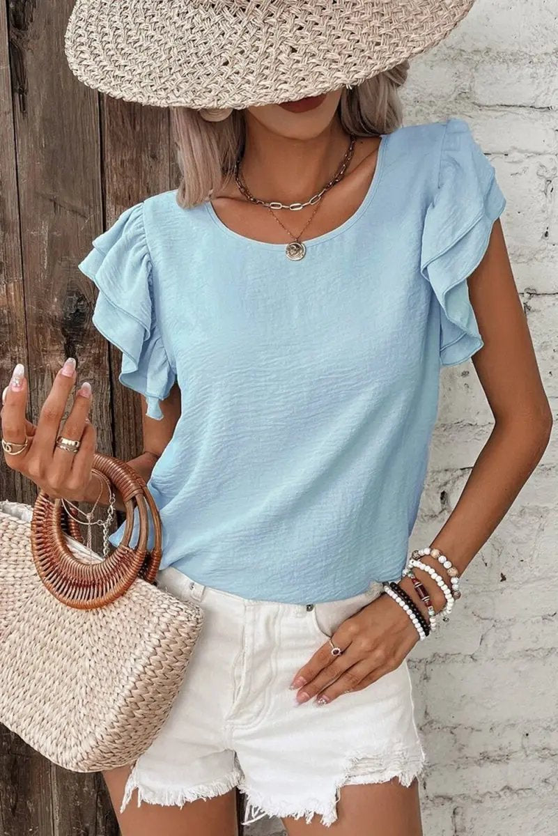 Mist Blue Solid Color Ruffled Short Sleeve Casual Blouse - Love Salve 