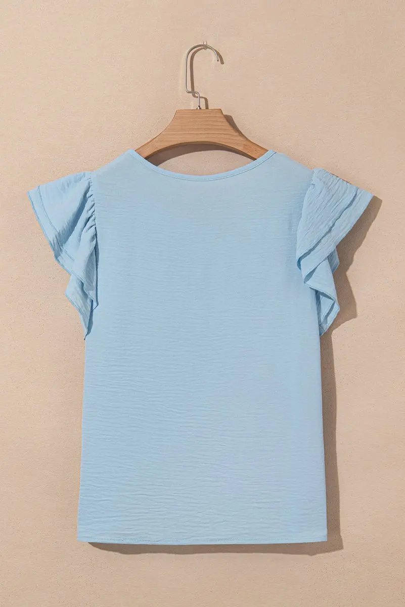Mist Blue Solid Color Ruffled Short Sleeve Casual Blouse - Love Salve 