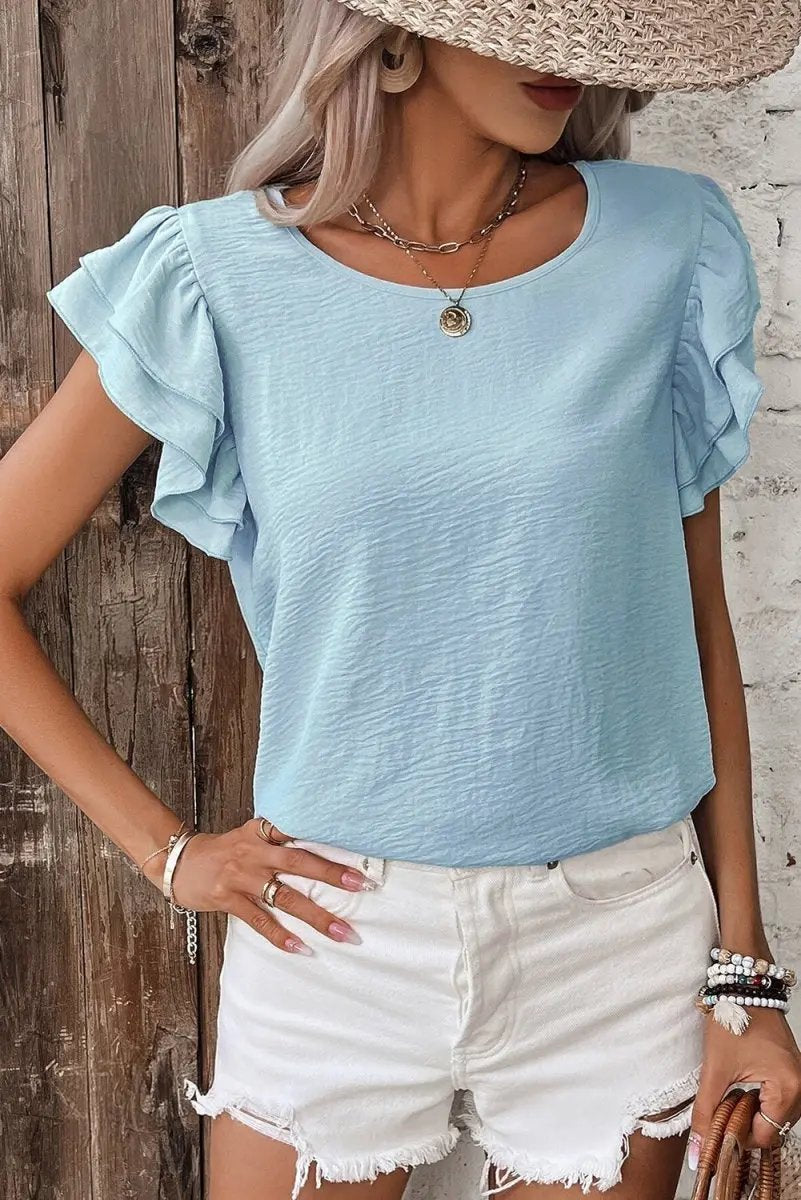 Mist Blue Solid Color Ruffled Short Sleeve Casual Blouse - Love Salve 