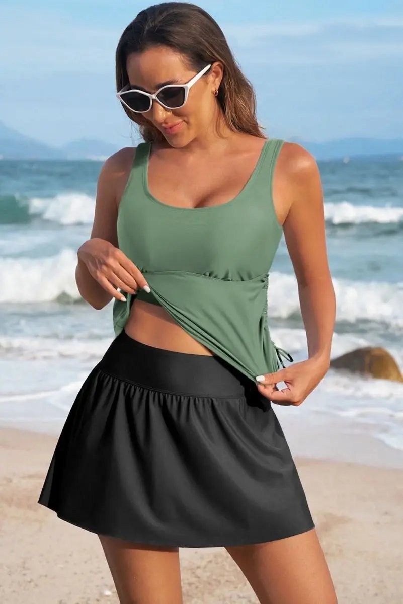 Mist Green Adjustable Tankini Set with Skort and Padded Cups - Love Salve 
