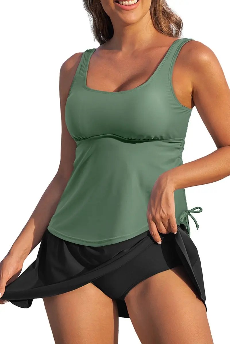 Mist Green Adjustable Tankini Set with Skort and Padded Cups - Love Salve 