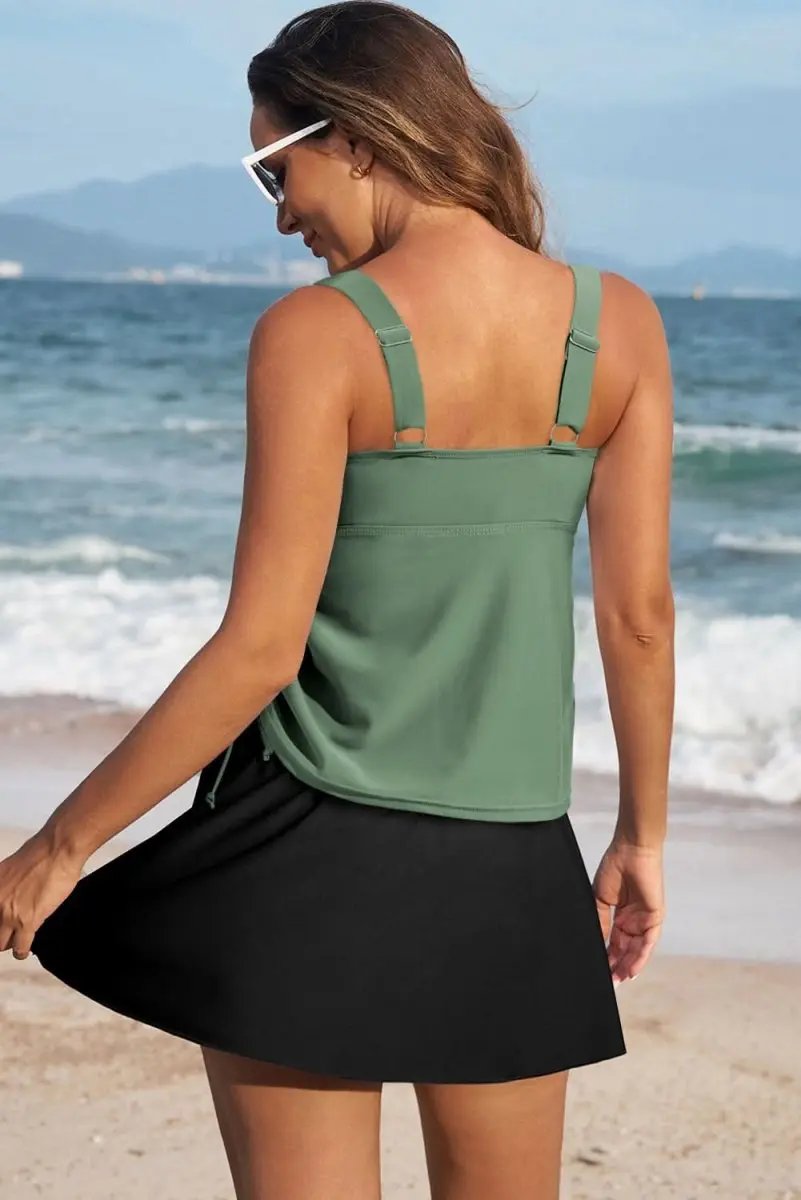 Mist Green Adjustable Tankini Set with Skort and Padded Cups - Love Salve 