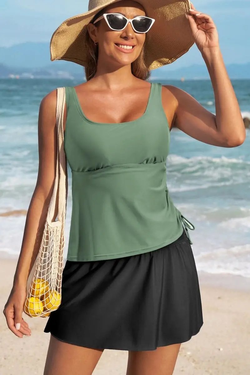 Mist Green Adjustable Tankini Set with Skort and Padded Cups - Love Salve 
