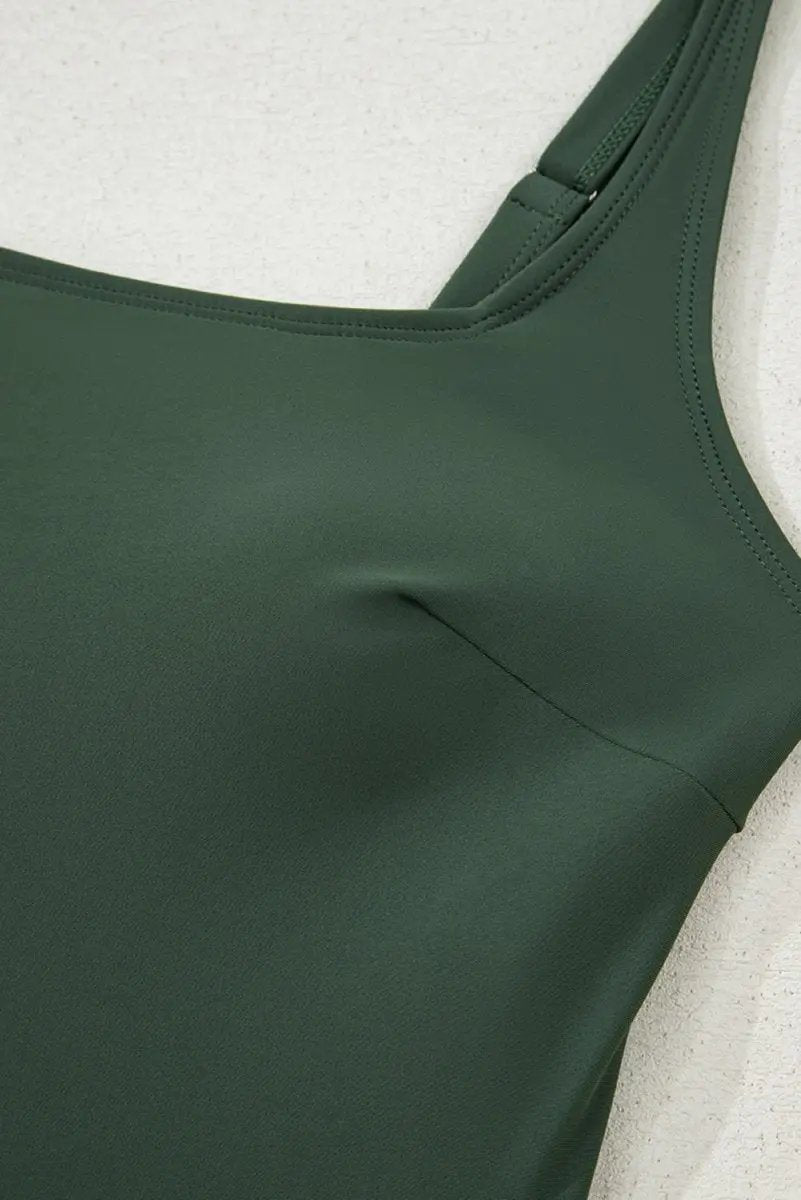 Mist Green Side Tied Waist Square Neck Adjustable Straps A-line One Piece Swim Dress - Love Salve 