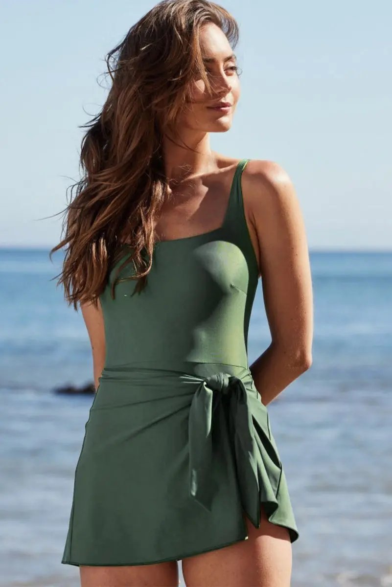 Mist Green Side Tied Waist Square Neck Adjustable Straps A-line One Piece Swim Dress - Love Salve 