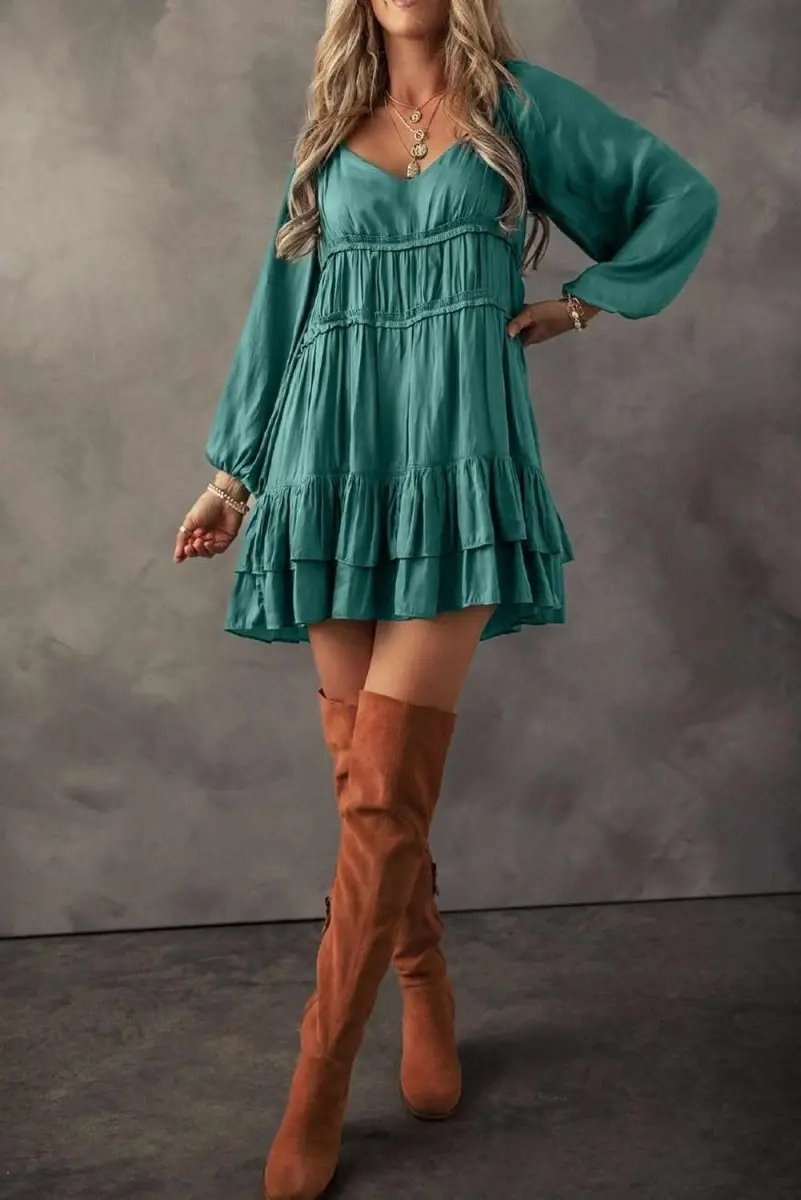 Mist Green Tiered Ruffled Puff Sleeve Loose Fit Mini Dress - Love Salve 