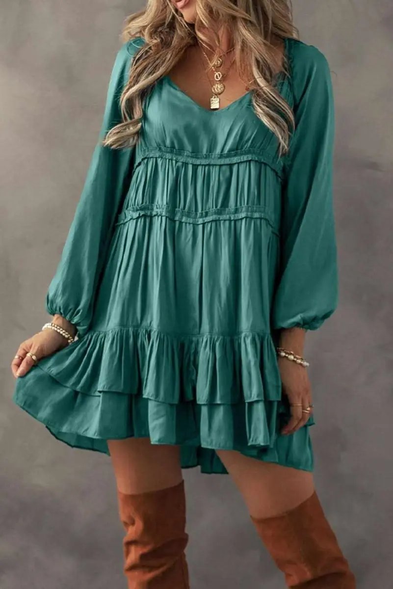 Mist Green Tiered Ruffled Puff Sleeve Loose Fit Mini Dress - Love Salve 