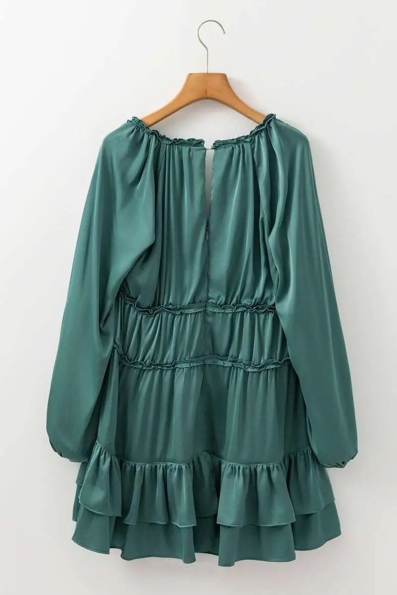 Mist Green Tiered Ruffled Puff Sleeve Loose Fit Mini Dress - Love Salve 