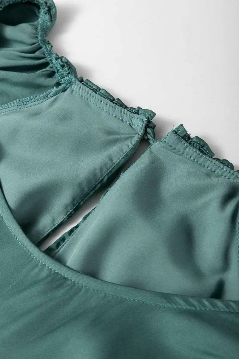 Mist Green Tiered Ruffled Puff Sleeve Loose Fit Mini Dress - Love Salve 