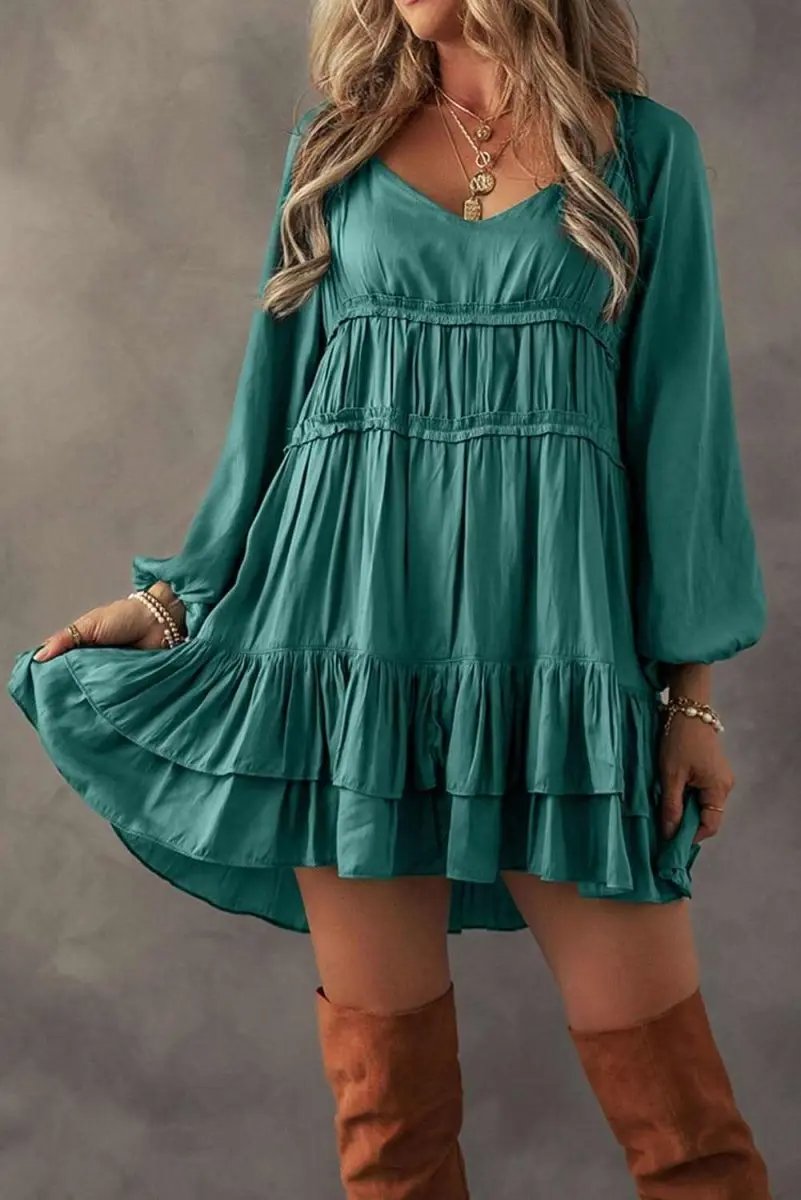 Mist Green Tiered Ruffled Puff Sleeve Loose Fit Mini Dress - Love Salve 