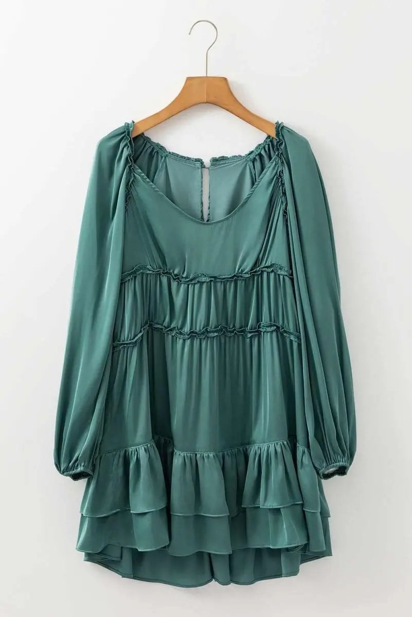 Mist Green Tiered Ruffled Puff Sleeve Loose Fit Mini Dress - Love Salve 