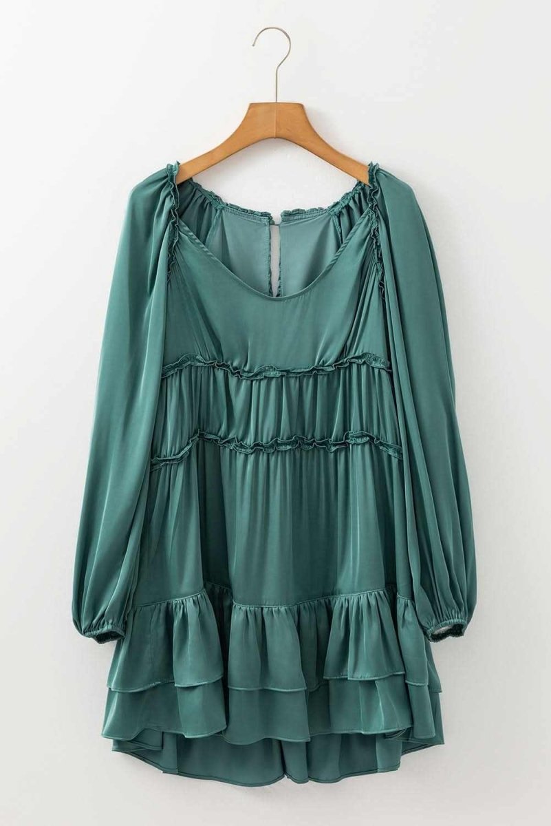 Mist Green Tiered Ruffled Puff Sleeve Loose Fit Mini Dress - Love Salve 