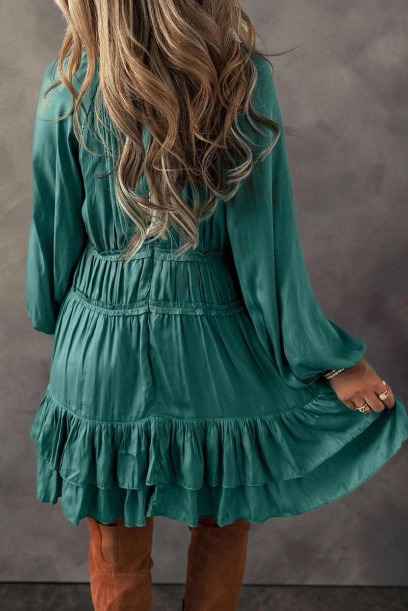 Mist Green Tiered Ruffled Puff Sleeve Loose Fit Mini Dress - Love Salve 