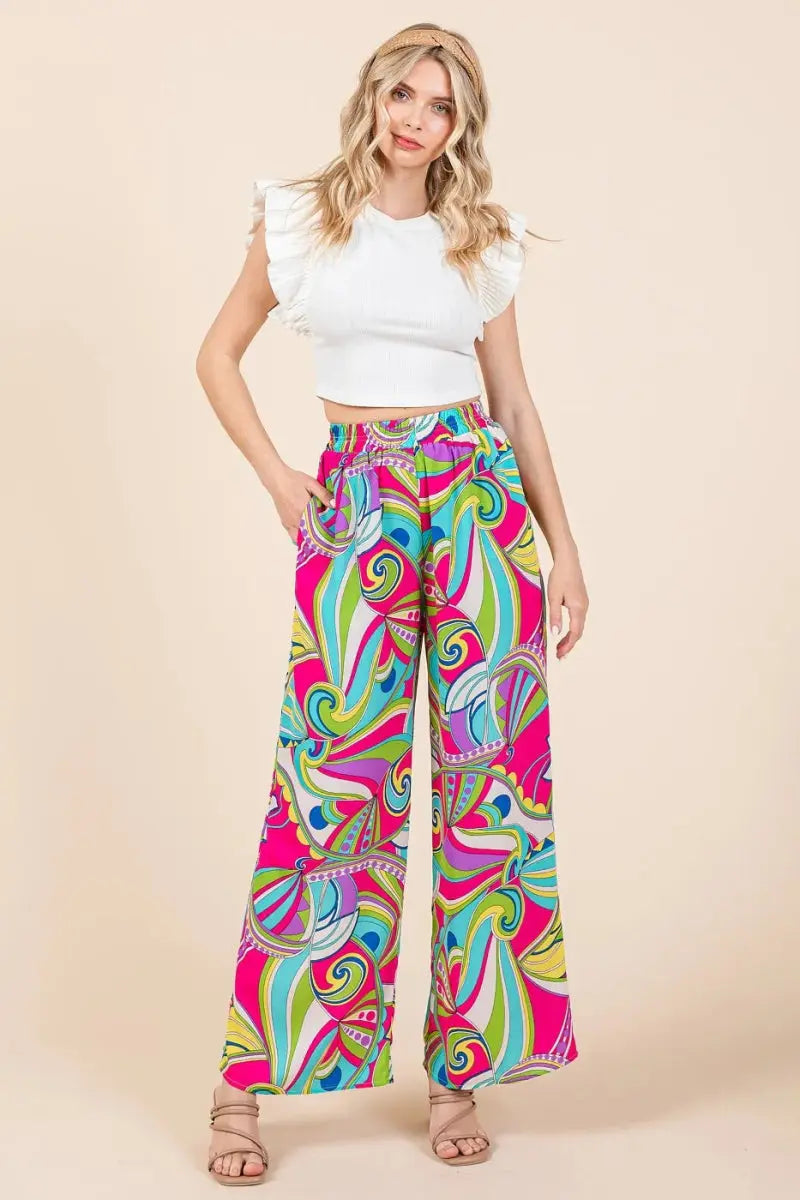 Mittoshop Abstract Print Elastic Waist Wide Leg Pants for Women - Love Salve 