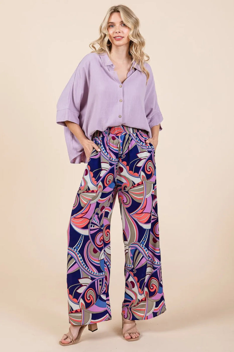 Mittoshop Abstract Print Elastic Waist Wide Leg Pants for Women - Love Salve 