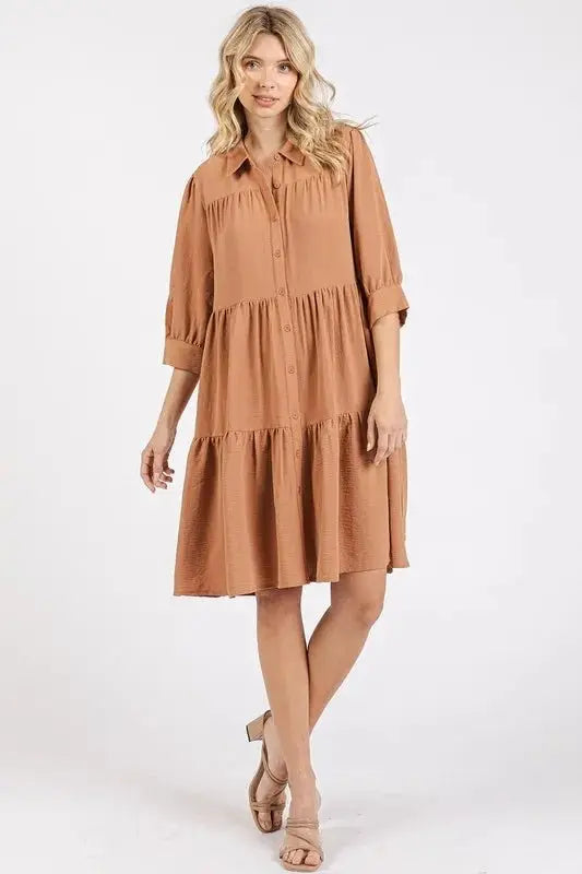 Mittoshop Button Detail Collared Neck Tiered Shirt Dress - Love Salve 