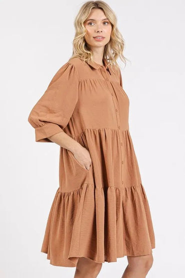 Mittoshop Button Detail Collared Neck Tiered Shirt Dress - Love Salve 