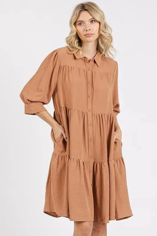 Mittoshop Button Detail Collared Neck Tiered Shirt Dress - Love Salve 