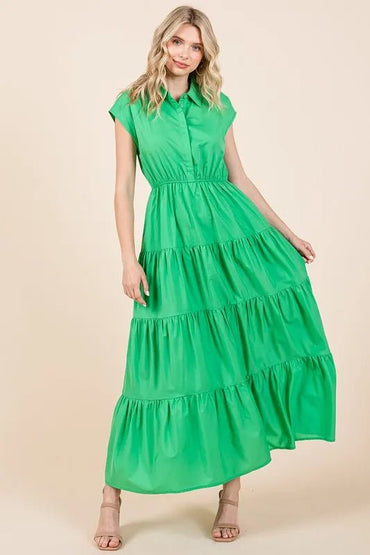 Mittoshop Button Up Collared Tiered Maxi Shirt Dress - Love Salve 