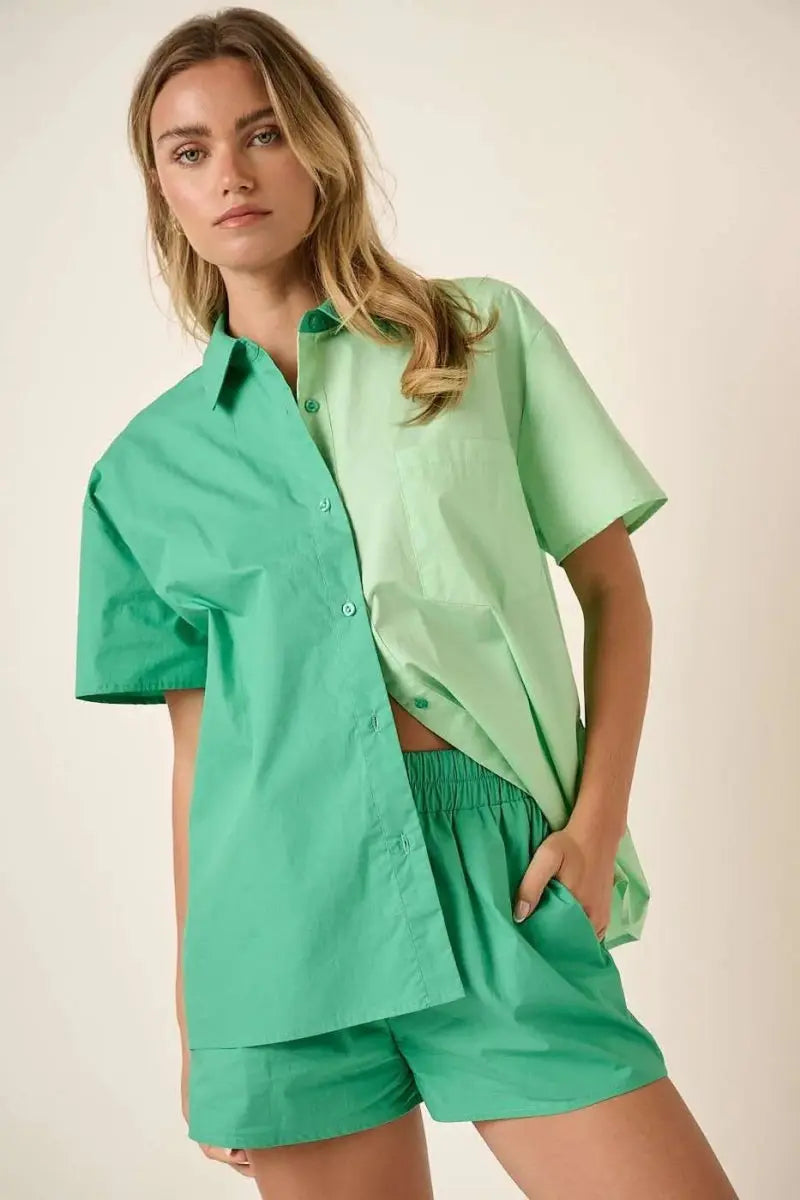 Mittoshop Color Block Short Sleeve Shirt and Shorts Set - Love Salve