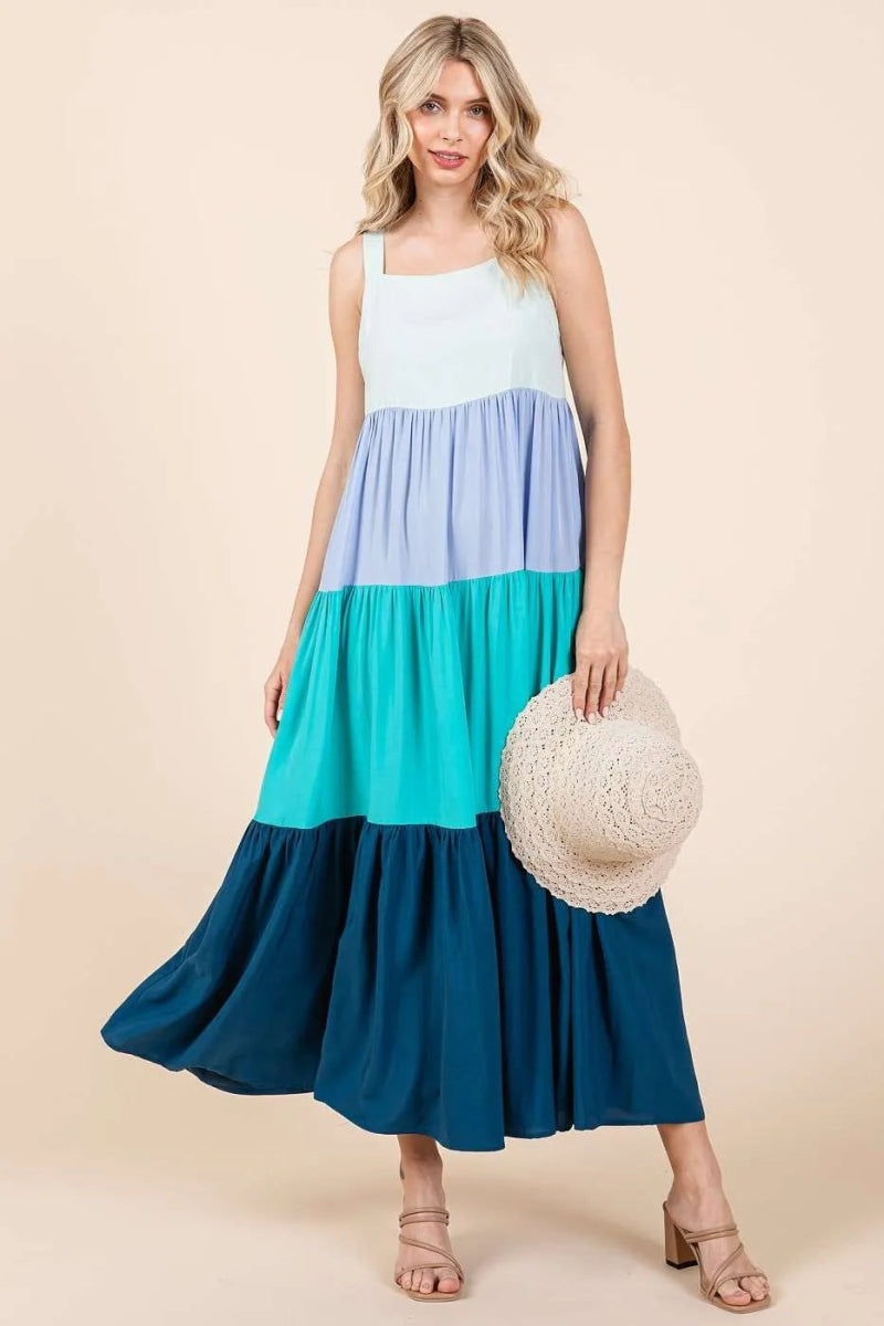 Mittoshop Color Block Tiered Pull-On Maxi Dress for Women - Love Salve 