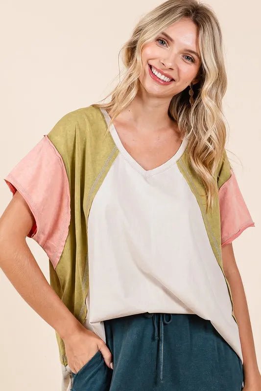Mittoshop Color Block V-Neck Short Sleeve T-Shirt for Women - Love Salve 