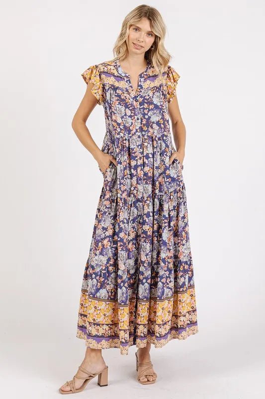 Mittoshop Floral Ruffled Notched Cap Sleeve Maxi Dress - Love Salve 