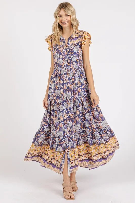 Mittoshop Floral Ruffled Notched Cap Sleeve Maxi Dress - Love Salve 