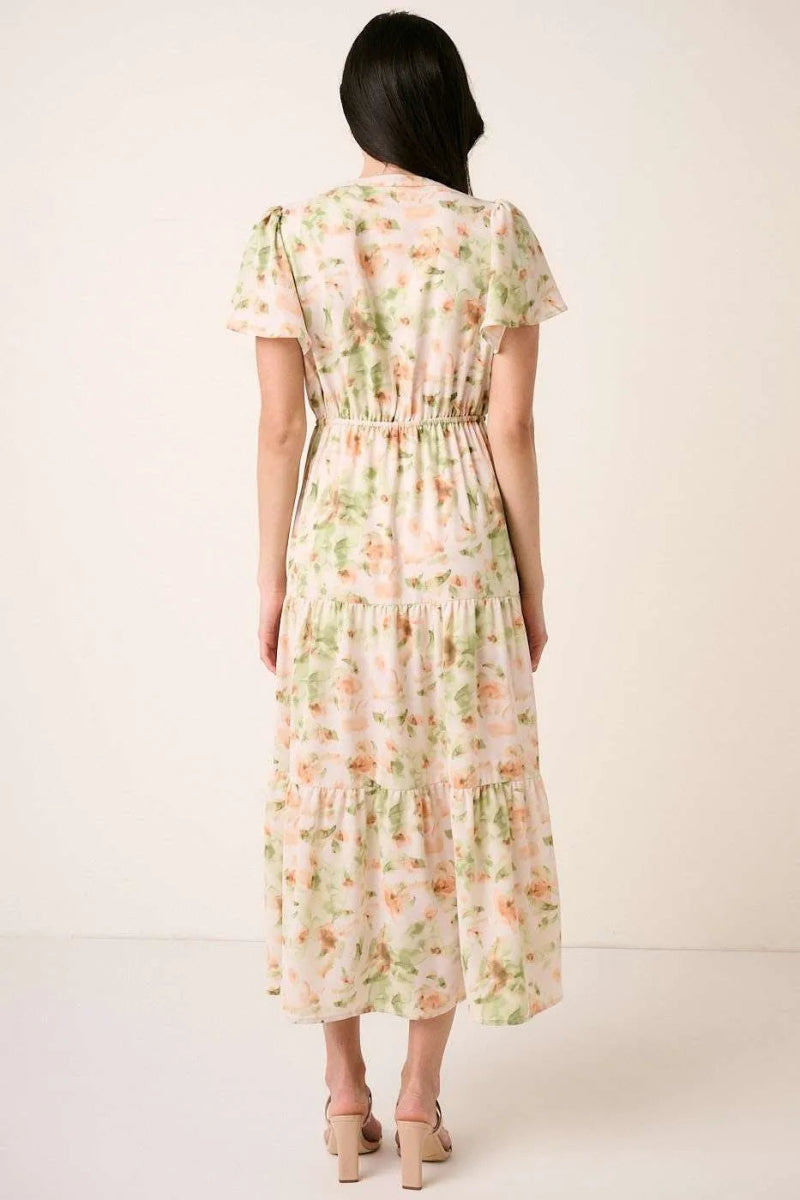 Mittoshop Flower Print Flutter Sleeve V Slit Maxi Dress - Love Salve 