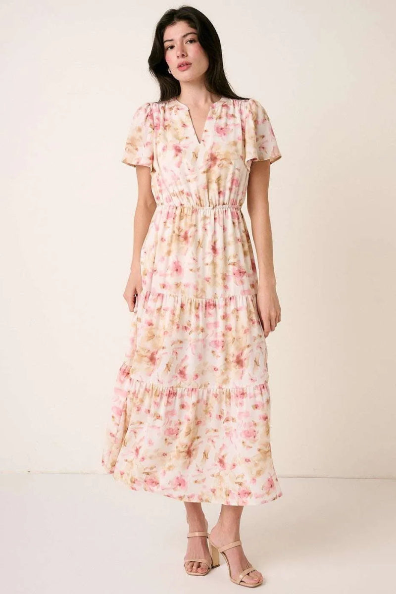 Mittoshop Flower Print Flutter Sleeve V Slit Maxi Dress - Love Salve 