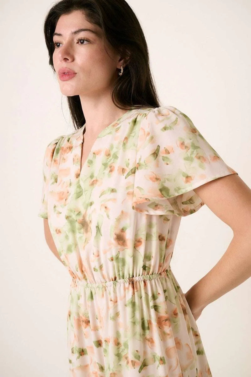 Mittoshop Flower Print Flutter Sleeve V Slit Maxi Dress - Love Salve 