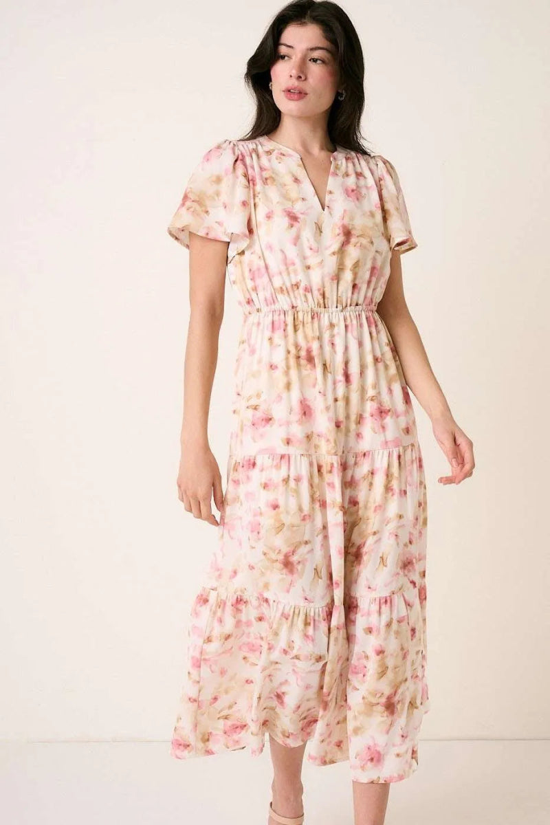 Mittoshop Flower Print Flutter Sleeve V Slit Maxi Dress - Love Salve 