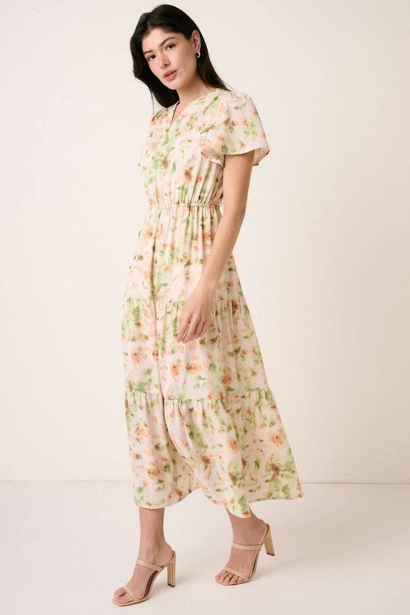 Mittoshop Flower Print Flutter Sleeve V Slit Maxi Dress - Love Salve 
