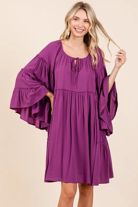 Mittoshop Frill Tie Neck Bell Sleeve Dress for Women - Love Salve 